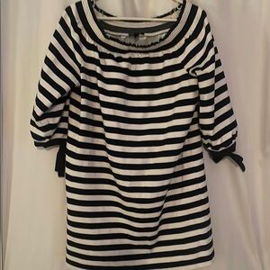 J. Crew Navy Blue and White 3/4 Sleeve off the Shoulder Mini Dress